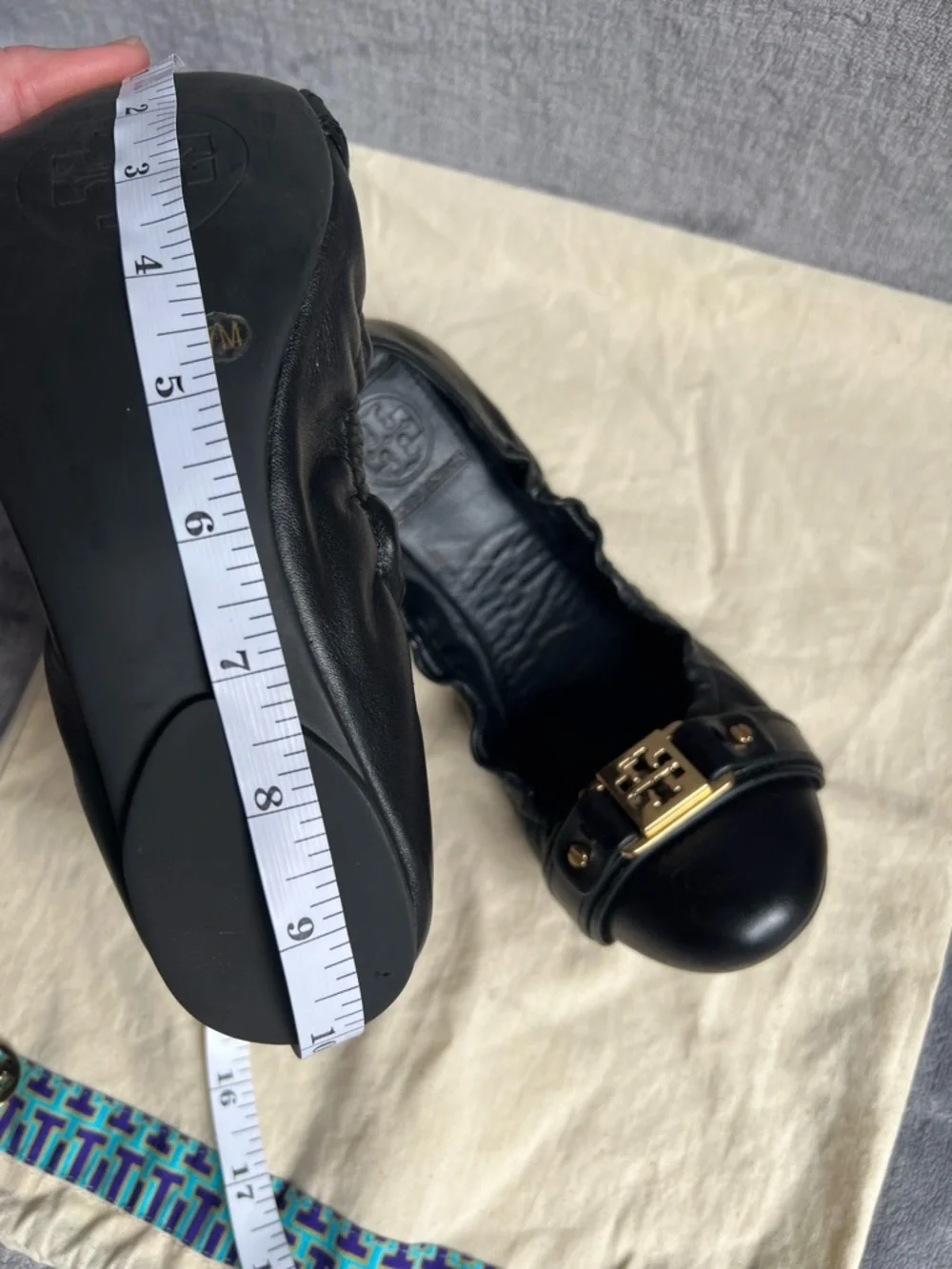 Tory Burch Shoes Sz 7 M Ambrose Ballet Flat Leather Black Gold Logo Slip On